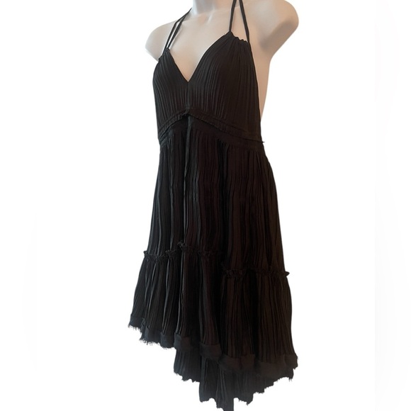 Black Halter Ruffle Mini Dress Small • Open Back • Fairycore Coachella Flowy Tie - Picture 4 of 14